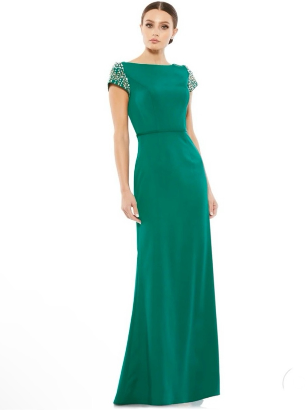 MAC DUGGAL Beaded Cap Sleeve Bateau Column Dress NEW Emerald Green Size 12